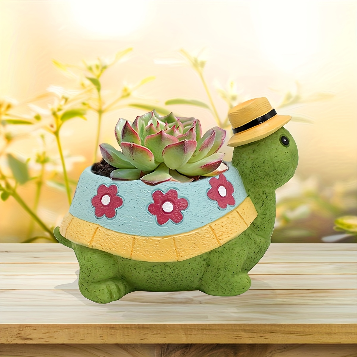 1pc cute turtle resin planter straw hat succulent design - Temu