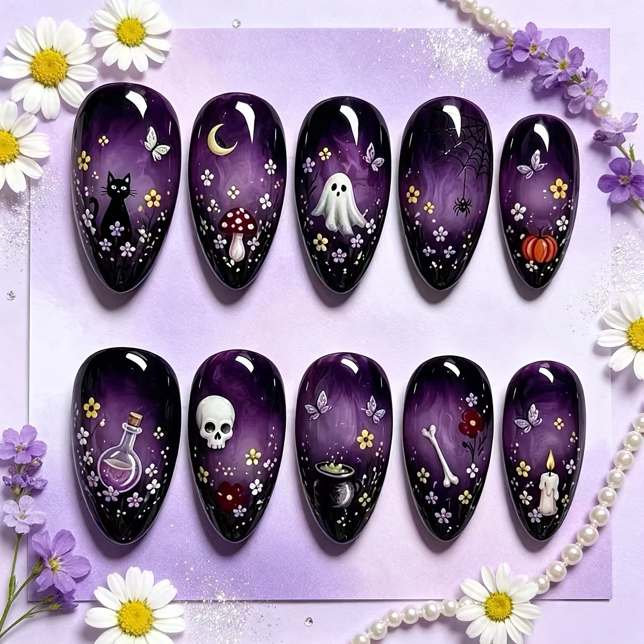 TEMU Lot de 10 faux ongles à poser sur le thème de la , motif créatif peint à lune, , , , base dégradée violette avec finition brillante , style à la