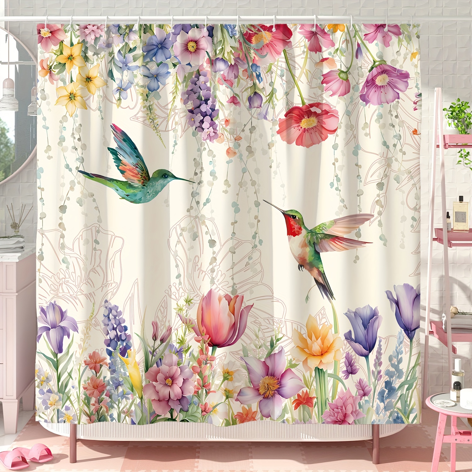 

1pc Hummingbird Floral Shower Curtain, Waterproof Polyester Fabric, Rustic Farmhouse Bathroom Decor, Machine Washable, Beige/green/pink/purple/red, With 12 Hooks For Bathtub And Home Decoration