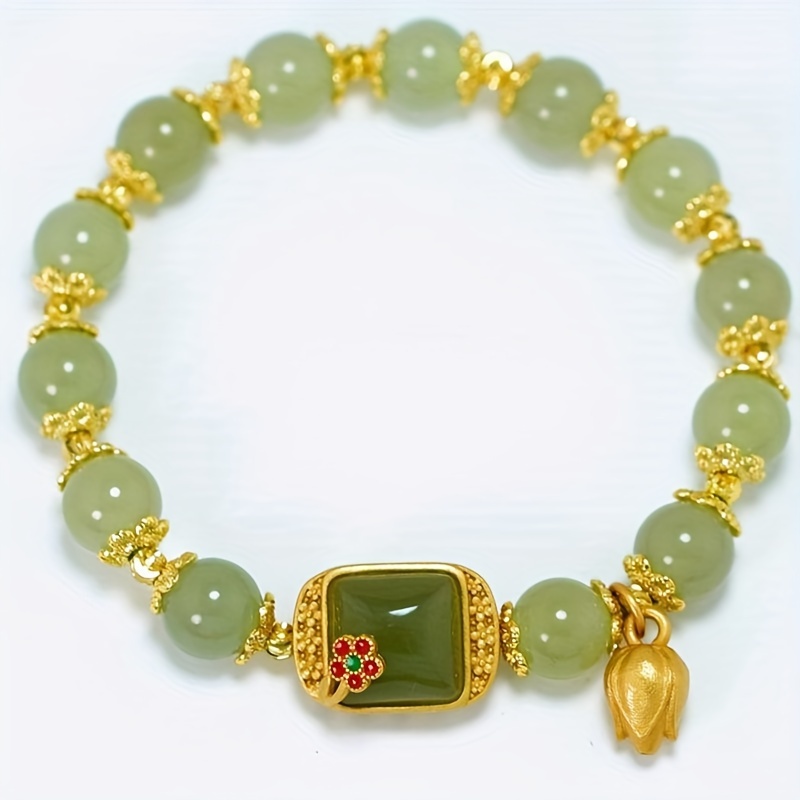 

1pc Elegant Green Beaded Bracelet With Sugar Lotus Pendant Jewelry Accessory For Women All Occasions