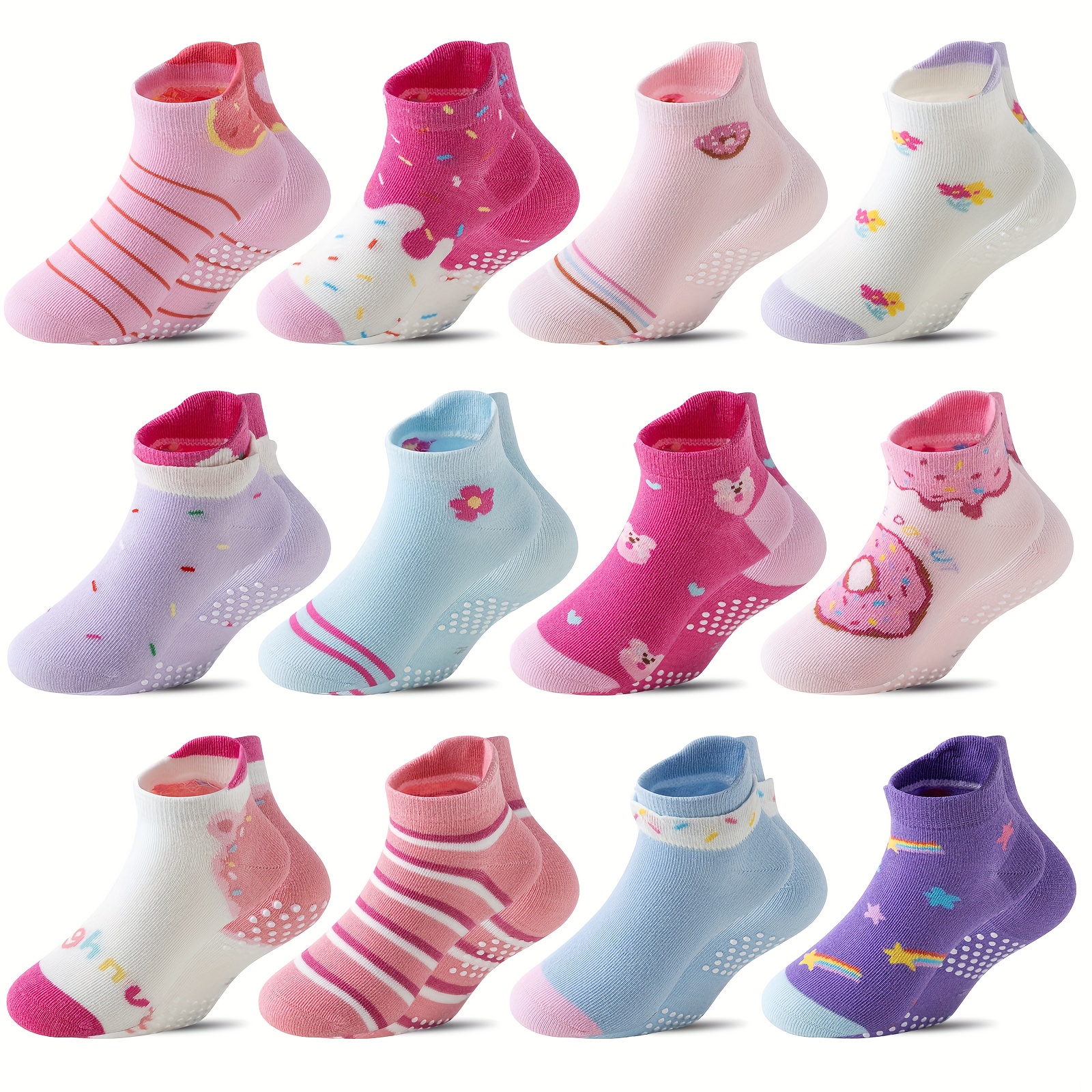 TEMU 12 Pairs Baby Girls Toddler Grip Socks Kids Non-slip Ankle Socks With Grippers Doughnut Socks