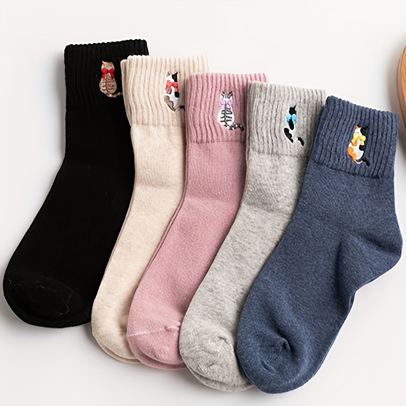 

5pcs Cozy Fleece-lined Embroidered Cat Mid-calf Socks For Women - , Fall/winter