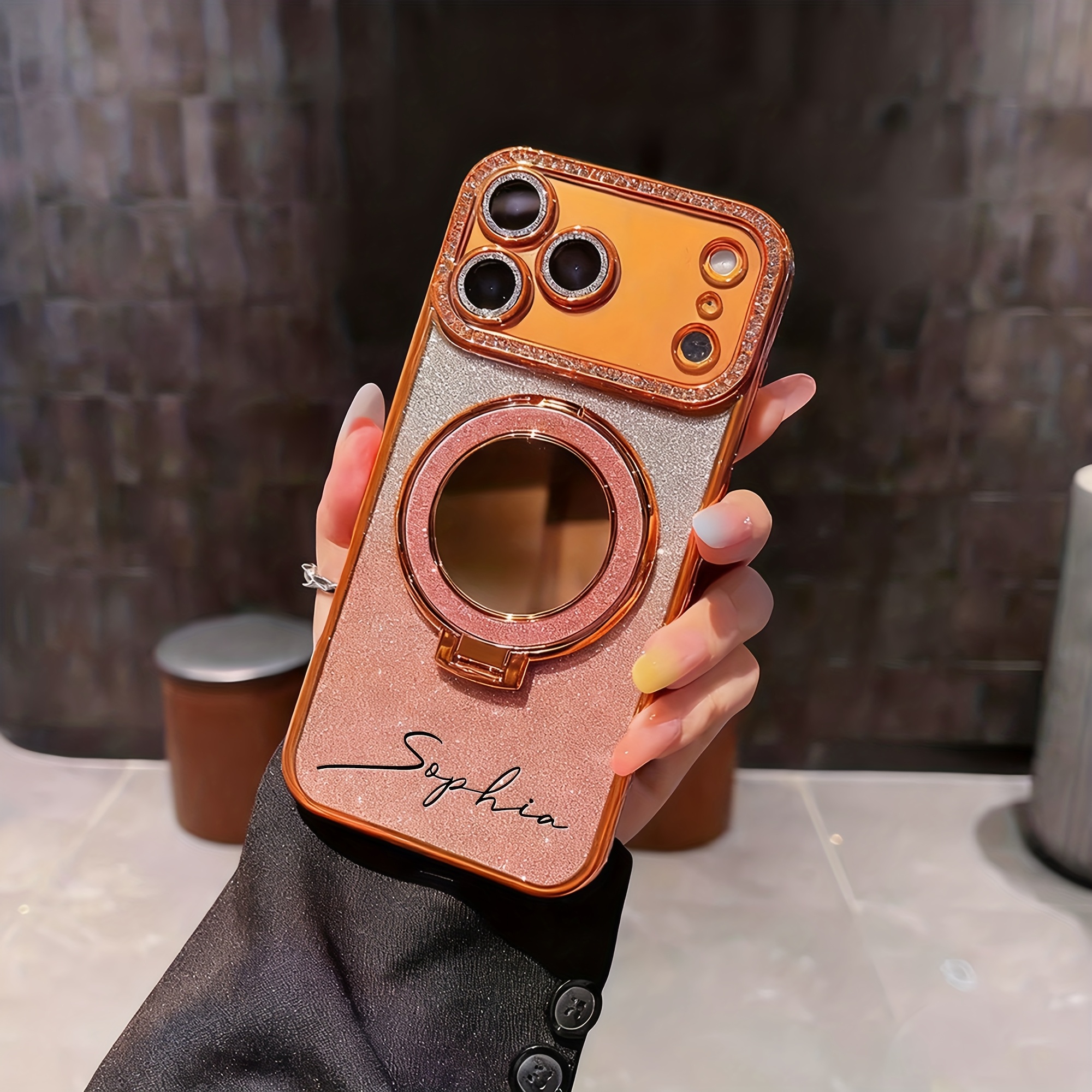 TEMU Phone Case: Luxury Starry Orange Rhinestone Glitter Powder Bracket Phone Case Tpu Anti Fall Compatible With Iphone 11 12 13 17pro Max 17 Air