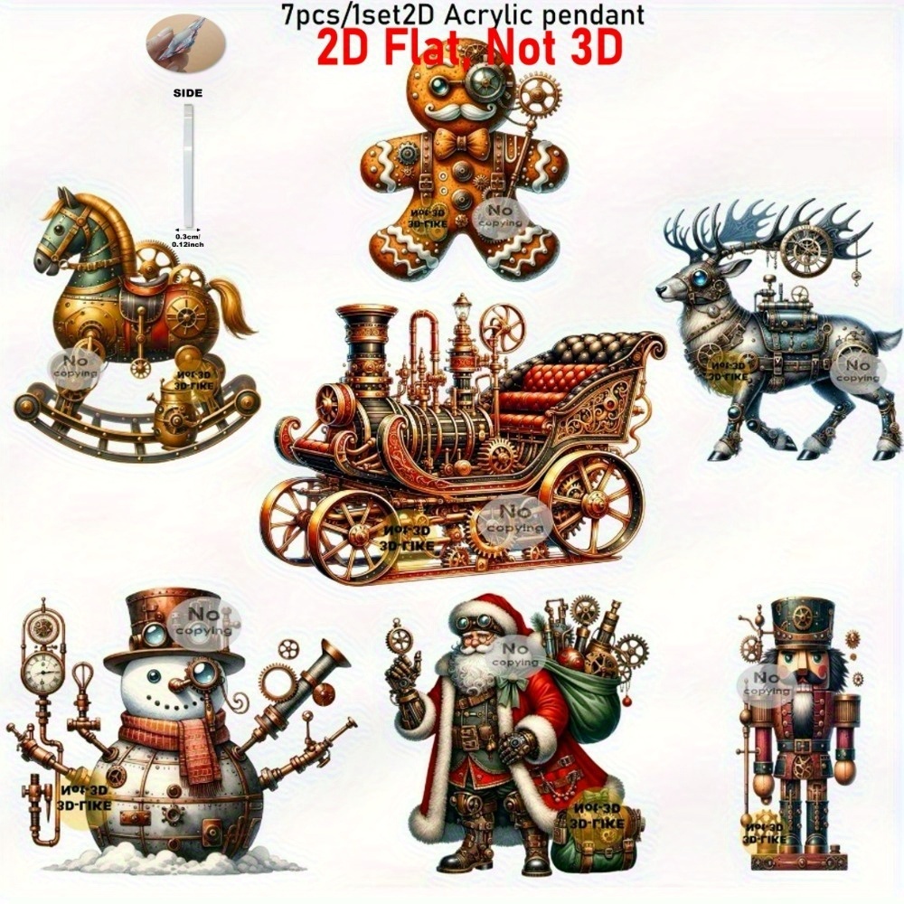 2d Flat, 2d Flat 7pcs Steampunk Christmas Acrylic Pendant Set – Decor For Home, Office, Classroom, Wine Bottles, Car Mirrors, And Party Celebrations, 2d Flat, Christmas Decor