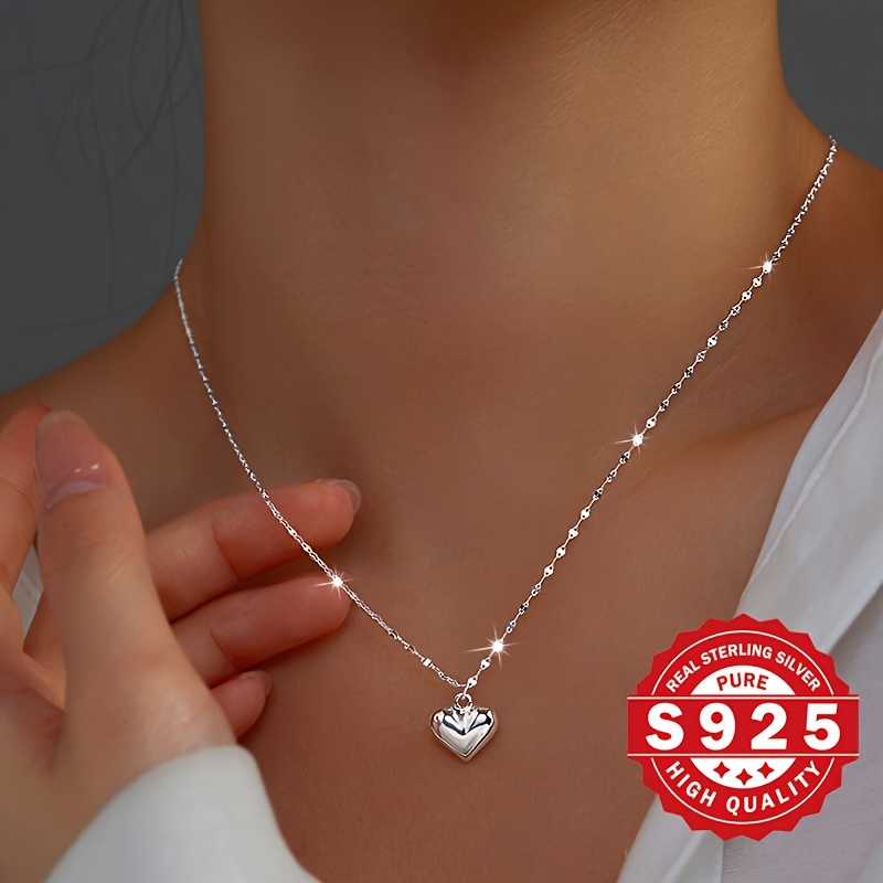 

925 Silver Sterling Silver Heart Pendant Lip Chain Necklace, Hypoallergenic Classic Bling Jewelry Perfect For Mother's Day, Anniversary Gifts For Women