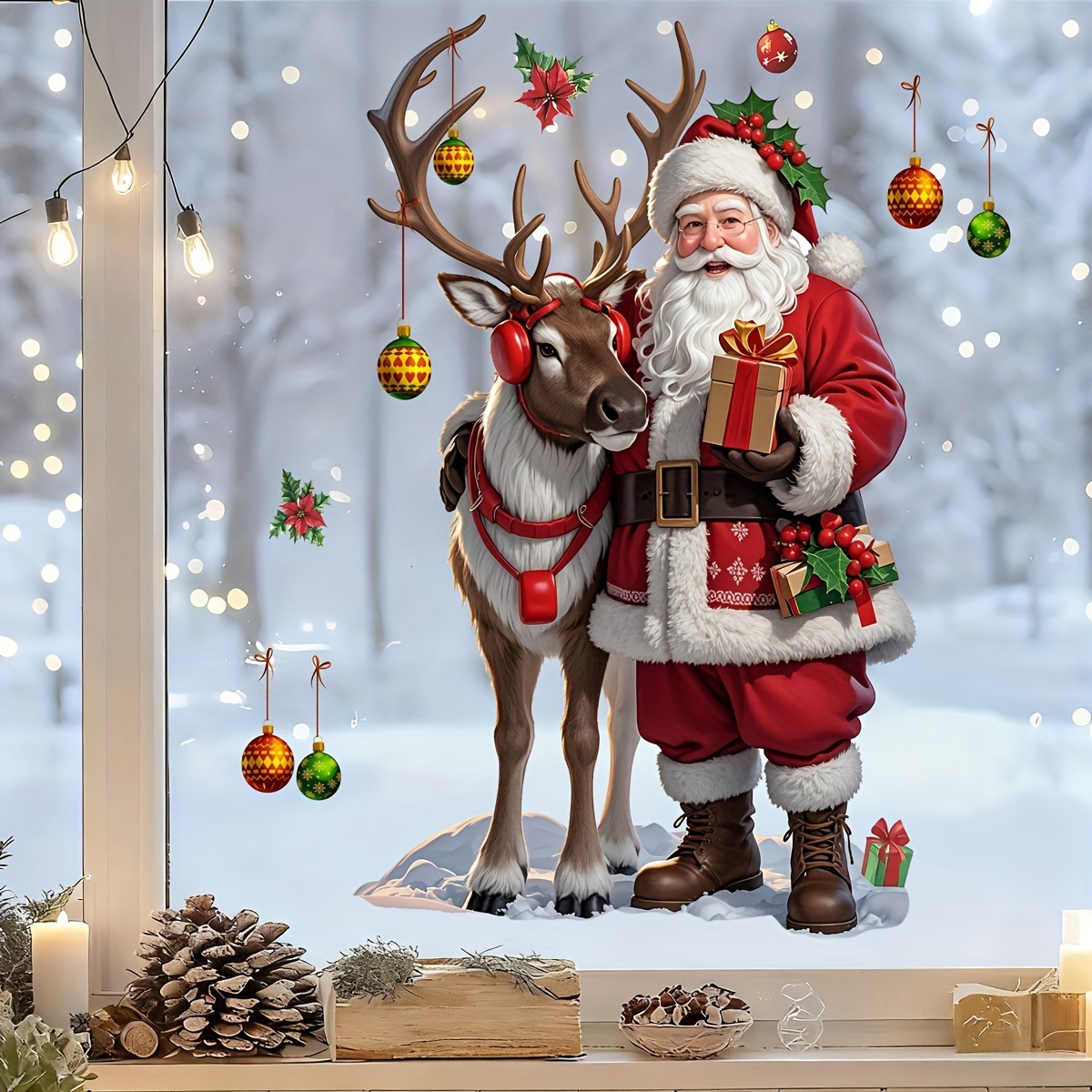 TEMU 1 adesivo di Natale con e in vetro per decorazioni, con palline colorate e elementi regalo, decalcomanie per finestre natalizie, adesivi statici