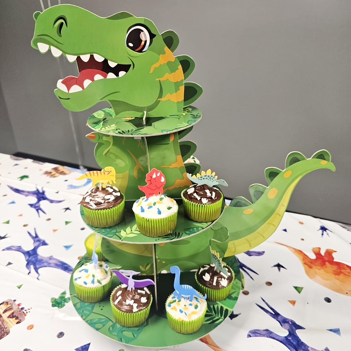 

1 Set Dinosaur Cupcake Stand, 3-tier Paper Dessert Display Tower For 24 Cupcakes, Jungle Theme Birthday Party Decorations, No Electricity Or Battery Needed, Featherless