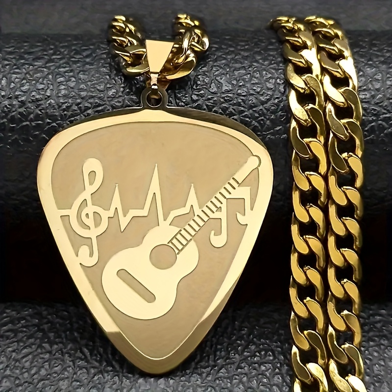 TEMU 1pc Stainless Steel Hip Hop Guitar Pick Pendant Necklace With Music Notes & Heartbeat Design, Golden-tone Chain Jewelry For Musicians & Music