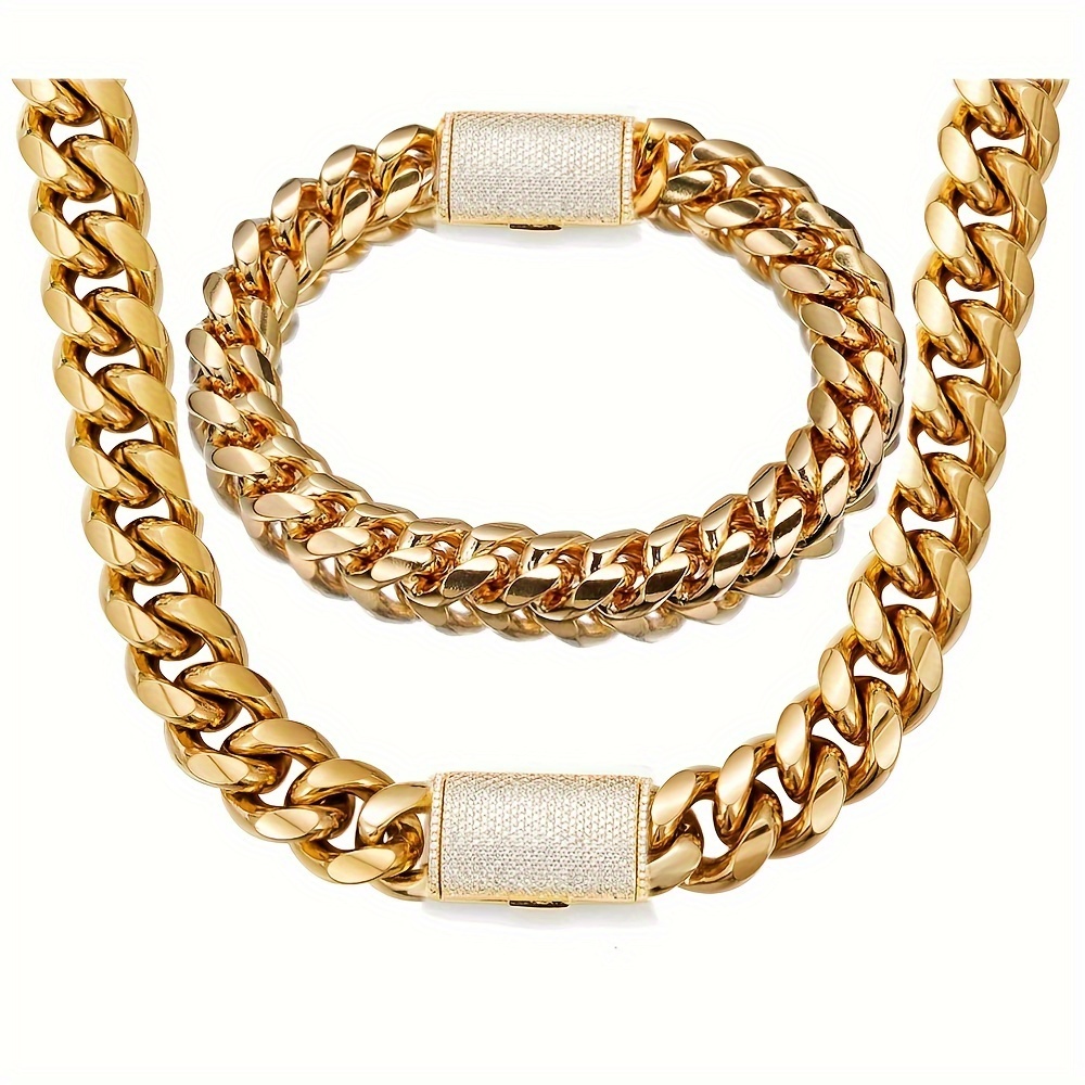 

2pcs Thick Plated Hip Hop Jewelry Set Stainless Steel Men 14mm Cuban Link Chain Zircon Buckle Necklace Bracelet