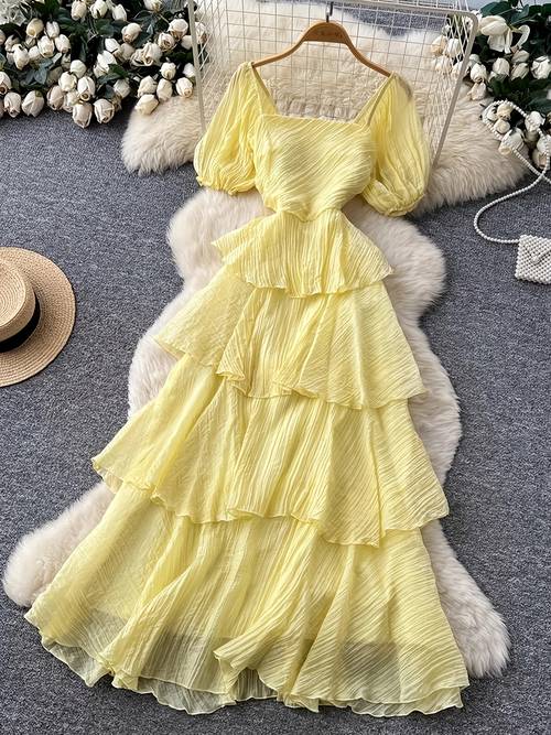 french style vacation puff sleeve square neck dress for women summer waist cinching layered ruffle tiered