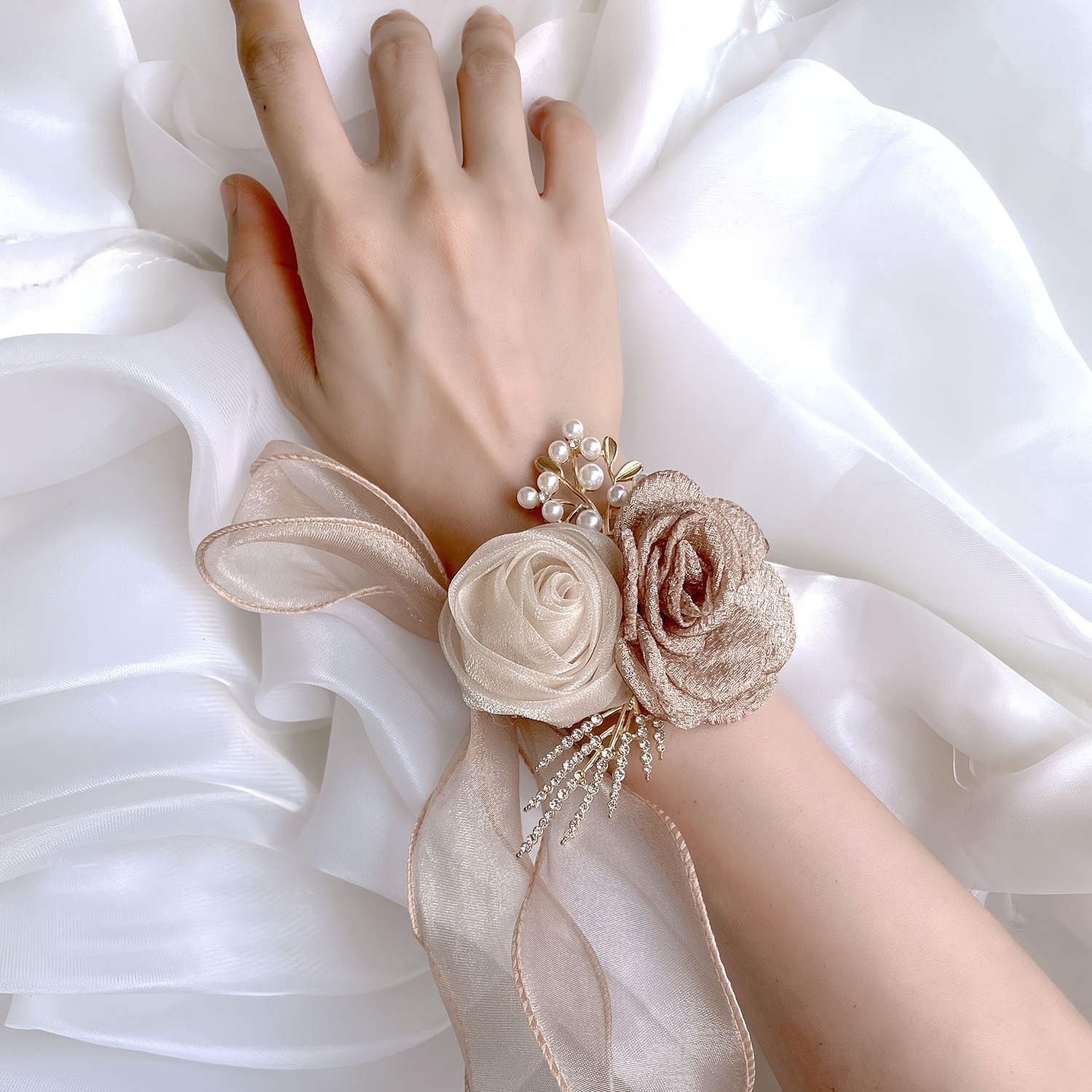 

Bridal Wrist Corsage, Bridesmaid Wedding Accessories, Fashionable Satin Rose Flower With Faux Pearls And Ribbon Accents For Ceremony And Reception