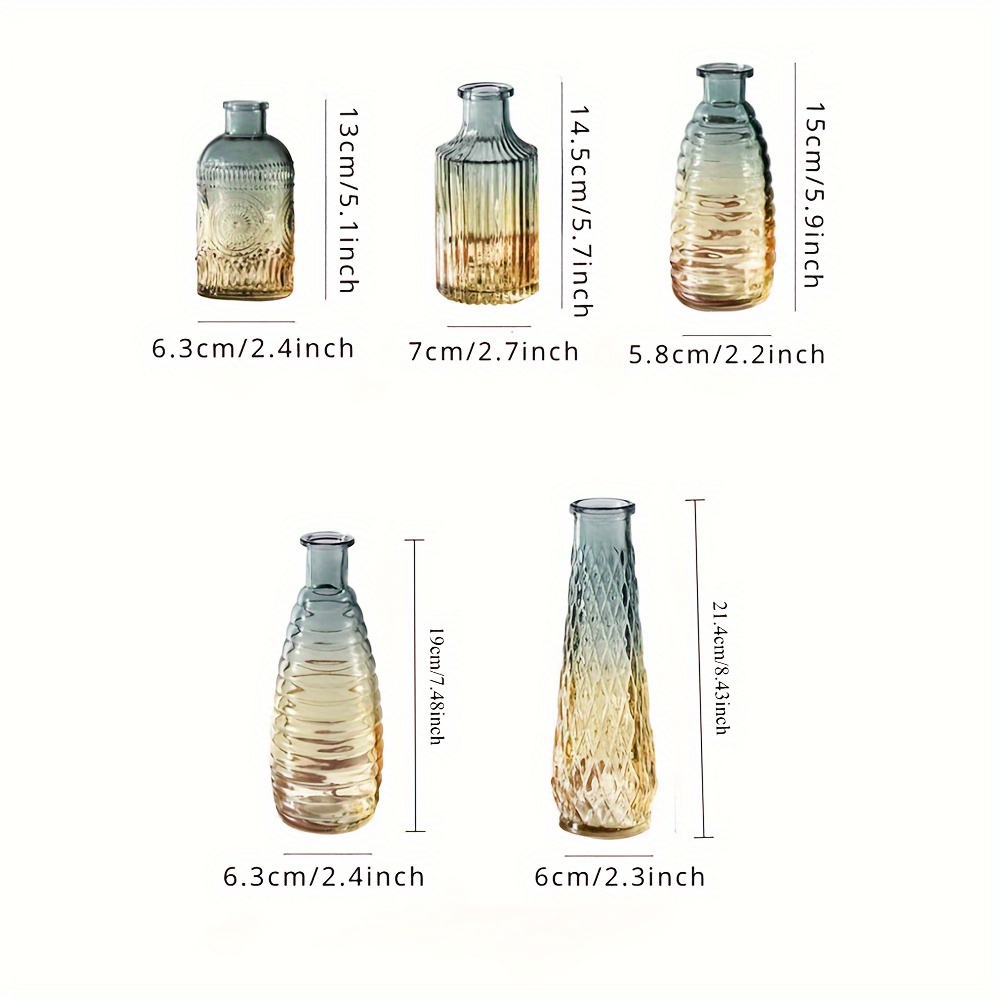 Image of 5pcs Vintage Relief Transparent Small Vases, Living Room Decoration, Gradient Flower Arrangement, French Hydroponic Glass Bottles