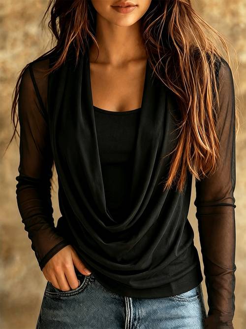 bk260626072 autumn and winter light and see through mesh collar shirt suit versatile suspender two piece set to the waist for women