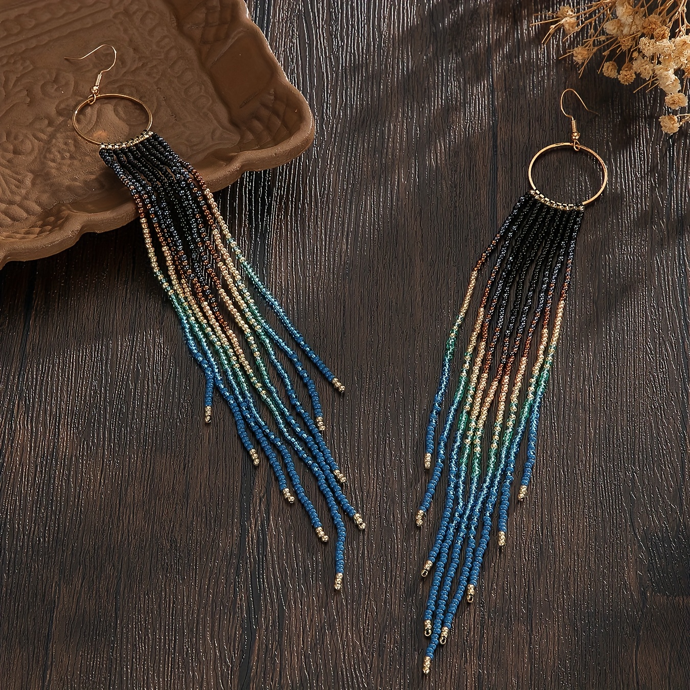 Bohemian Handmade Beaded Earrings, Black to Blue Gradient Tassel