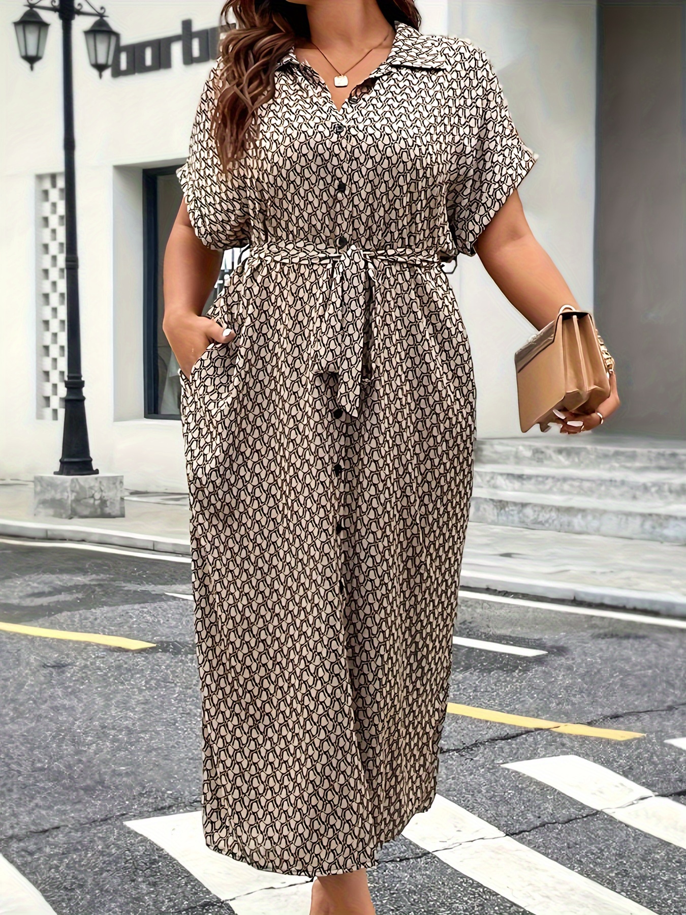 High Quality Spring/Summer Plus Size Women's Printed Shirt Dress with  Pockets and Belt, Elegant Large Size Women'* Row Button Collar L