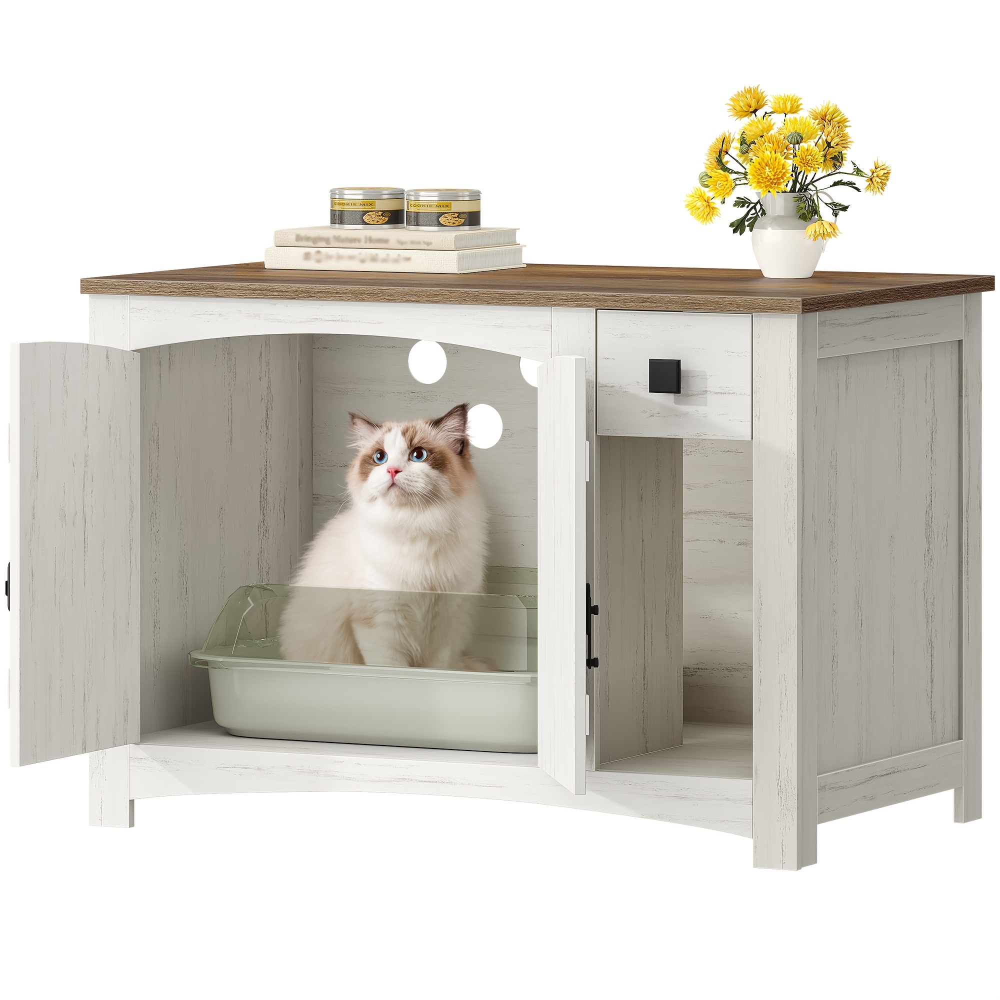 Image of Cabinet For Cat Litter, Features Doors And Drawers, Ideal For Cats, Functions As A Side Table, Perfect For Bedroom And Living Room, Dimensions: 85 X 50 X 58.2 Cm, Color: White