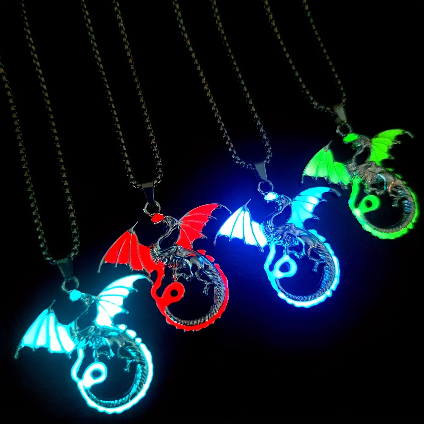 TEMU 4pcs Men's Luminous 4-color Flying Dragon Pendant With 60cm Metal Chain, Hip-hop Trendy Accessory