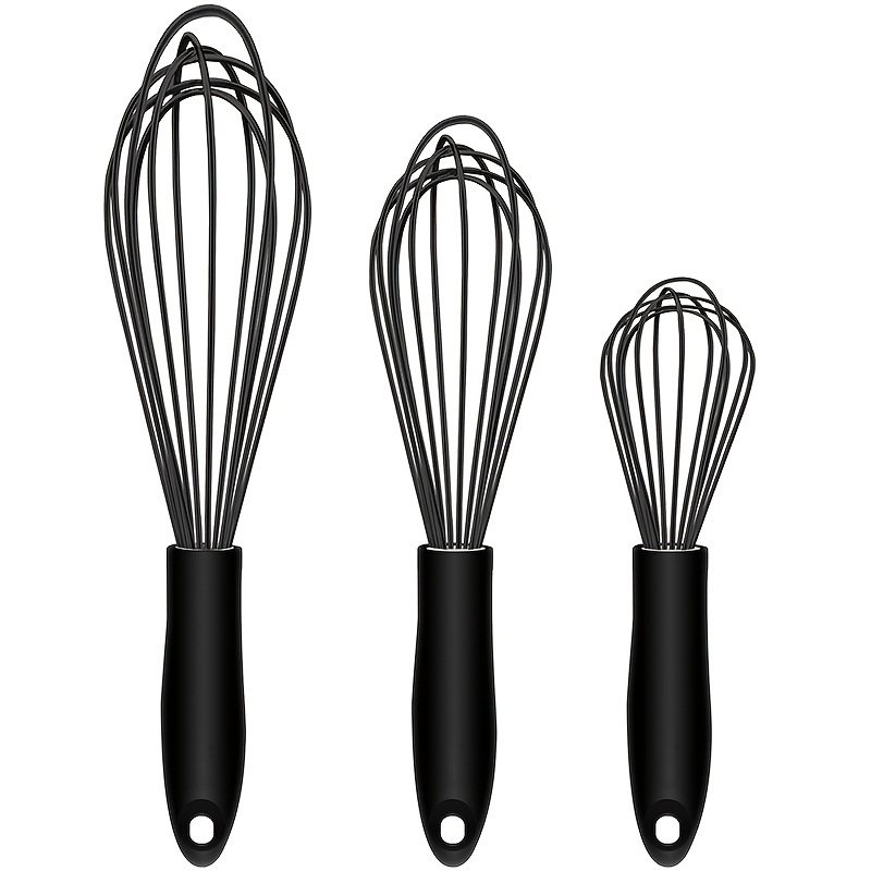 3pcs Silicone Whisks | Manual Egg Beater For Baking, Whipping Cream And Batter Mixing - Black