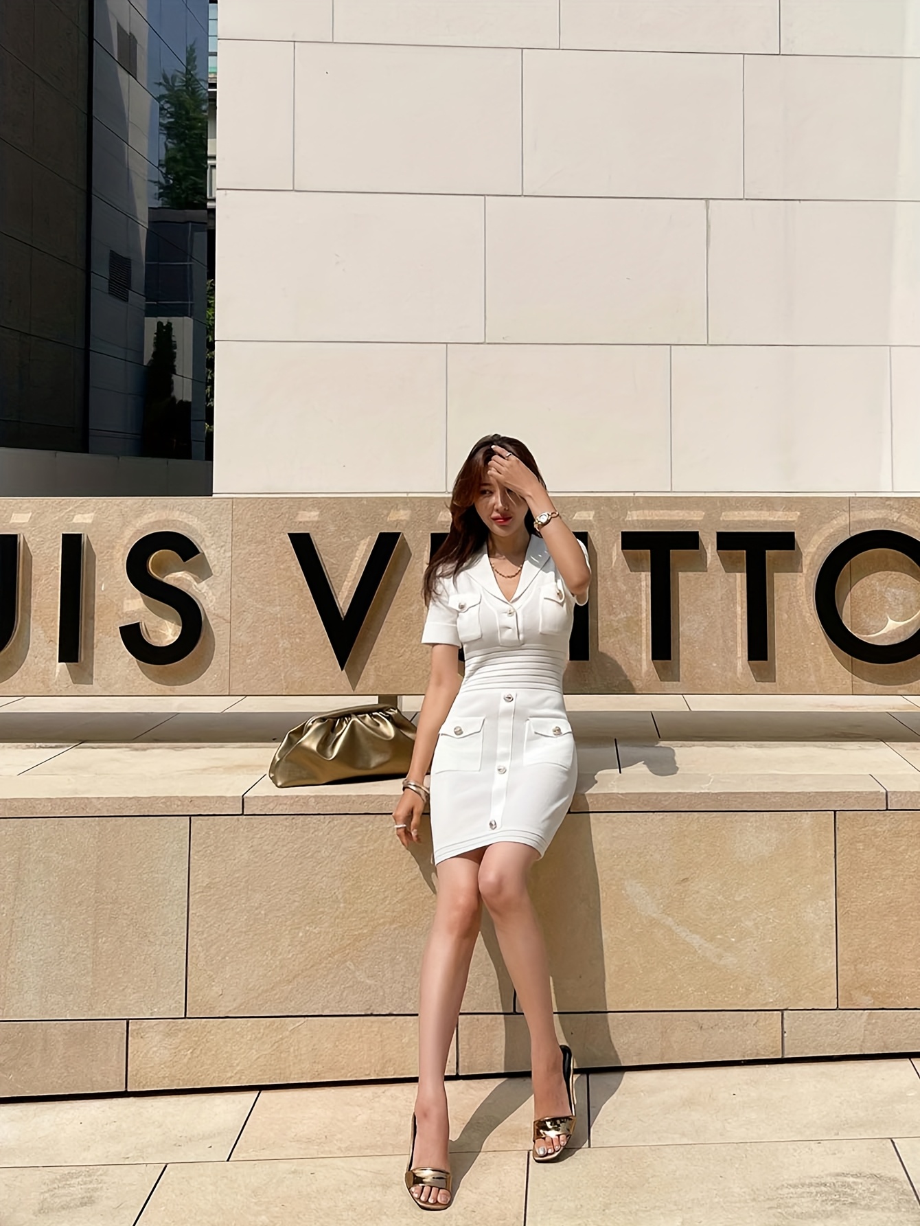 elegant white v neck short sleeve dress pockets Temu Canada