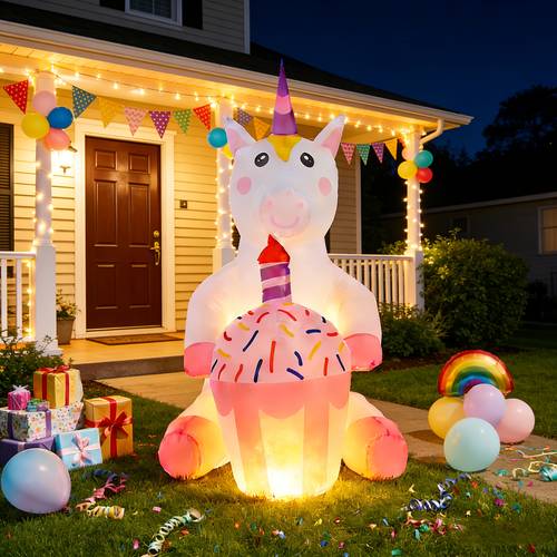 5ft birthday inflatables outdoor decorations unicorn hold cake with candle happy birthday blow up yard decoration for party garden lawn