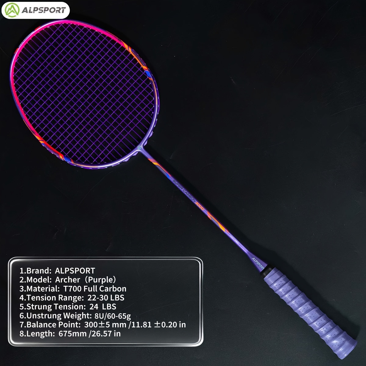 TEMU Raquette de Badminton ALPSPORT Archer T700 Pro Toute en Carbone - Manche Léger 10U pour Rapide, Pré-tendue et avec Poignée Bandée, Tension