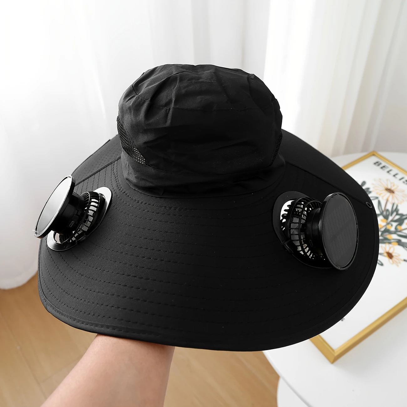 solar fan cap uv resistant outdoor wide brimmed fishermans cap with 2 180 adjustable fans upf50 usb and solar powered suitable for beach camping outdoor fishing without battery details 8
