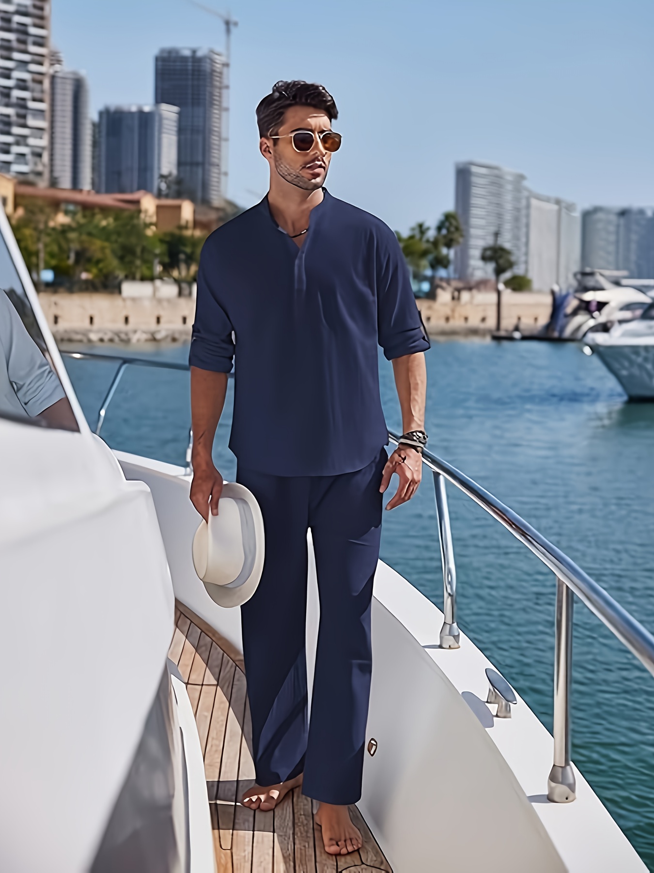 Men'S 2pcs Cotton Sweatsuit Set Casual Henley Long Sleeve Shirt and Beach Trousers with Pockets Yoga Outfit Solid Color Non-Stretch Woven Fabric Spring/Fall Button Details Regular Fit