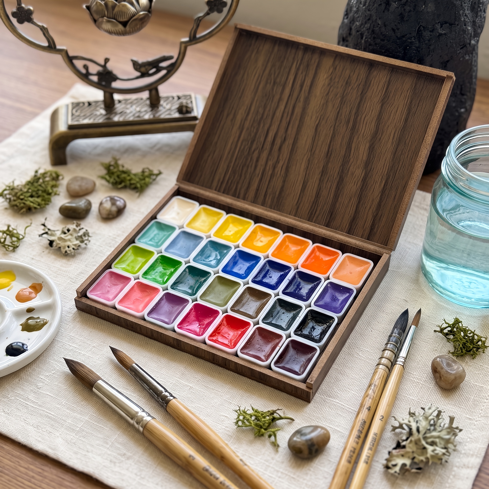 TEMU Suitable For Professional Artistic Use, 28 Colors 1ml Solid Color Watercolor Paint, With 2 Brushes, Wooden Box, Easy To Color, Suitable For Art,