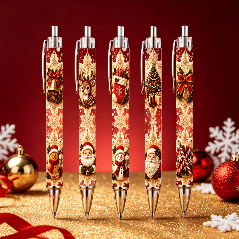 TEMU Lot de 5 stylos à bille à vintage avec scène de neige de Noël rouge et dorée, stylos à imprimé d'illustration de fêtes avec Père Noël, , de