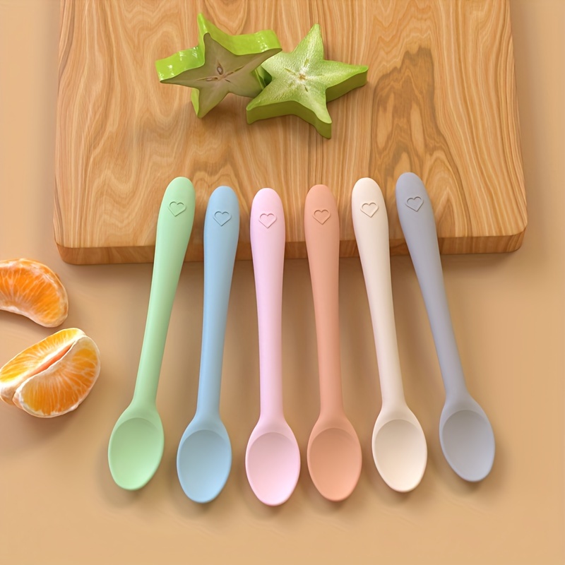 

6pcs Silicone Baby Spoons Bend Handle For Easy Feeding As , Chrismas Gift