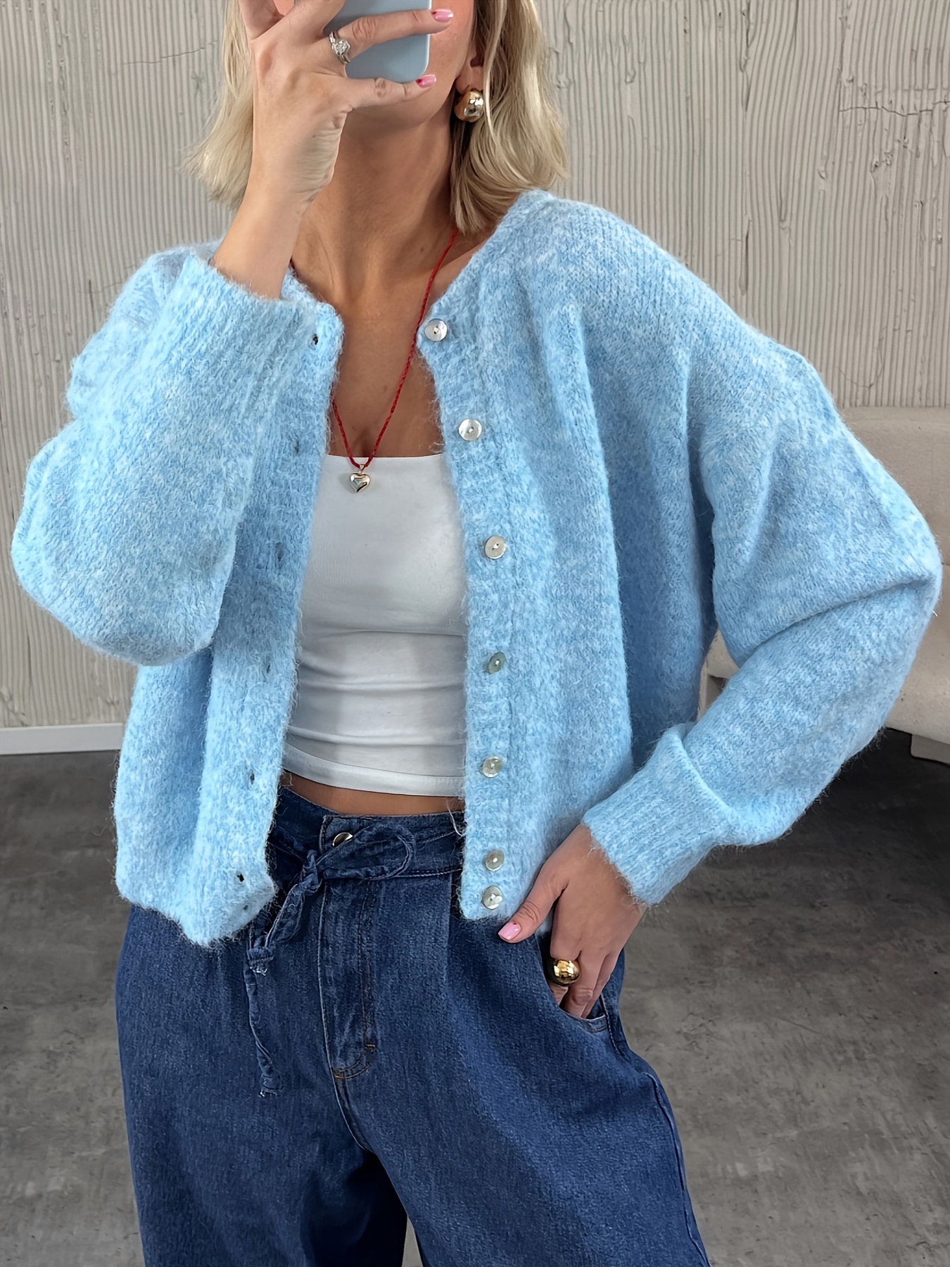 womens elegant light blue cardigan soft long sleeve button Temu