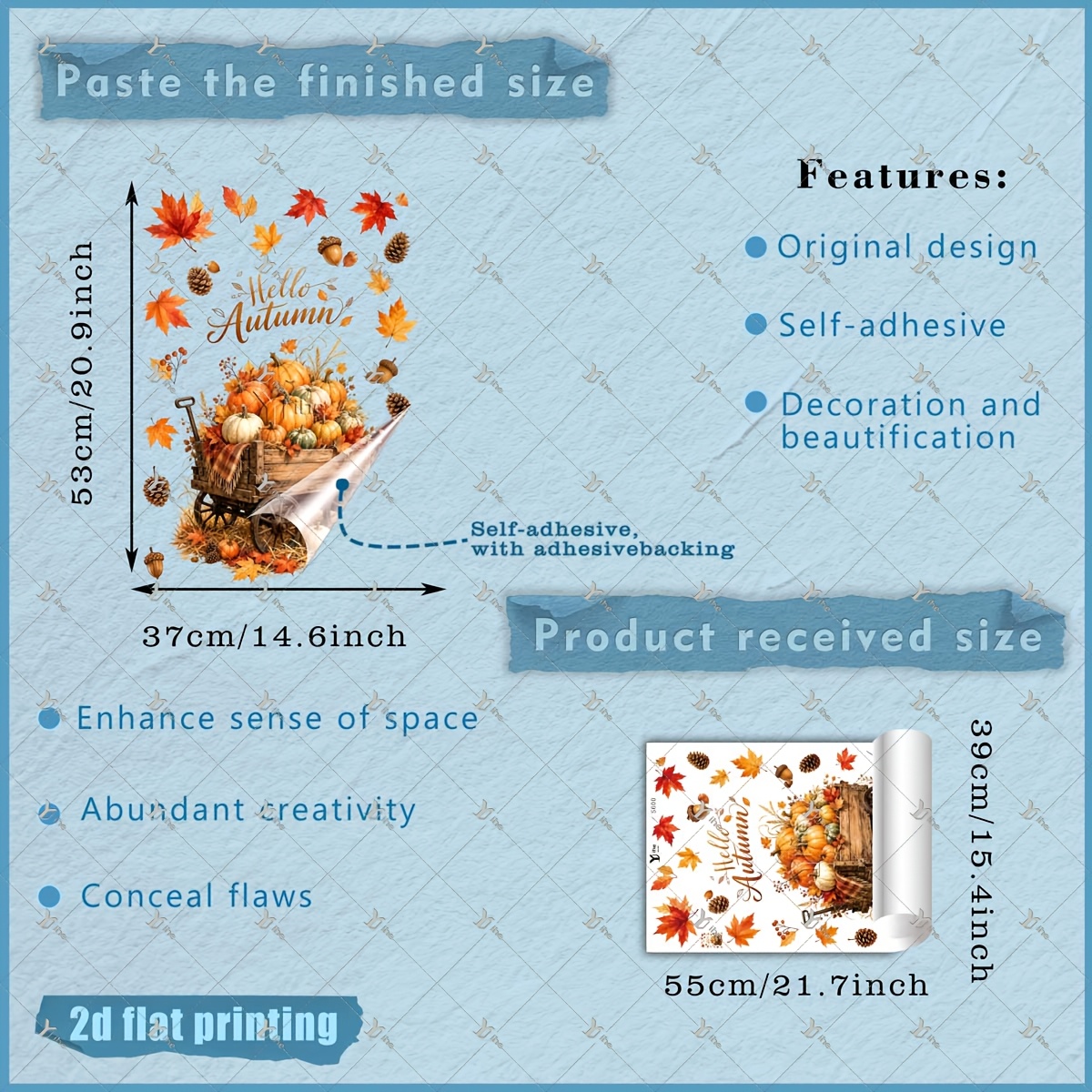 TEMU 2d Flat, 1pc 2d Flat Printed Autumn Wooden Cart Pumpkin Maple Leaf English Slogan 40*55cm Window Stickers, Creative Diy Self-adhesive Removable