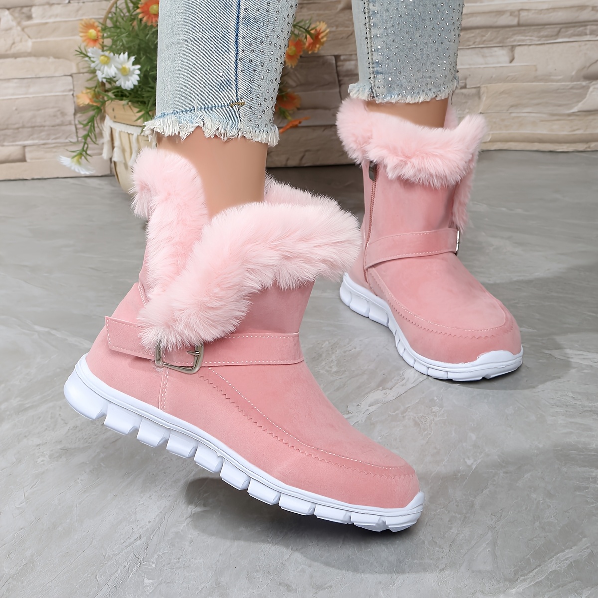 TEMU Fuzzy Inner Thick Sole Short Boots, Round Toe Warm Casual All-match/ Women's Shoes, Women Shoes