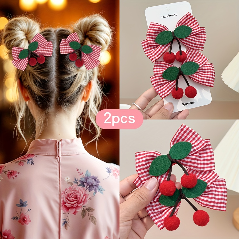 2pcs Cherry Bow Hair Clips Red And White Tartan Bow Hair Barrettes Fruit Themed Hair Bow Barrettes Cute Hair Bow Additions For Gifts
