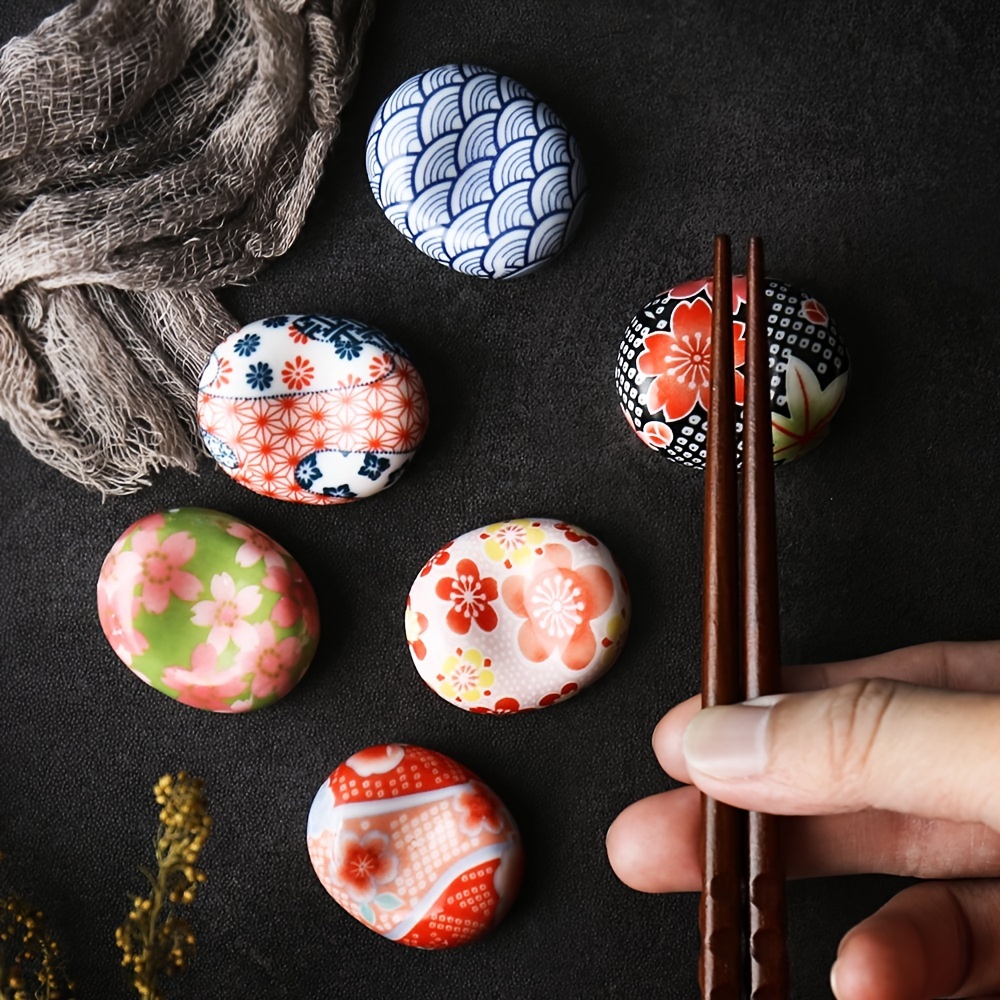 6pcs Floral Ceramic Chopstick Rests - Stylish Bean-shaped Utensil Holders For Dinnerware & Decor, Vibrant Floral Patterns, Perfect For Kitchen Or Dining Table Accessories