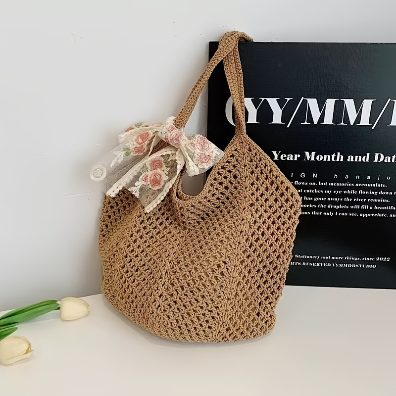 TEMU 2 Colors Available - Women's Crochet (tote Bag And Ribbon) Women's Shoulder Bag, Handheld Bag, Knit Mesh Tote Bag, Lightweight Hollow Shoulder