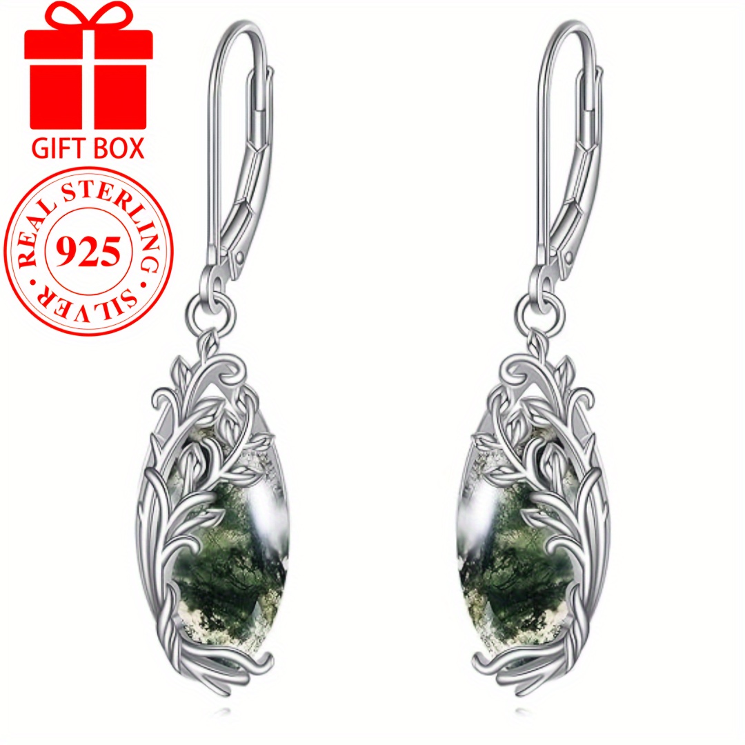 

2.8g S925 Pure Silvery Luxury Retro Vintage Vine Water Drop Shaped Water Grass Agate Earrings For Women With Gift Box