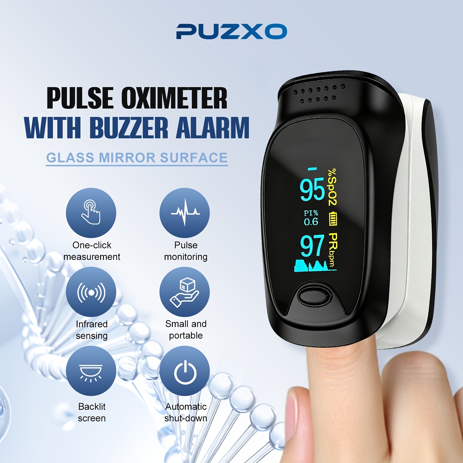 Premium Fingertip Pulse Oximeter with Buzzer Alarm, Blood Oxygen Saturation SpO2 And Heart Rate Monitor, Large Color OLED Glass Screen, Ideal for Home Care And Sports Use, Includes Batteries And Storage Bag