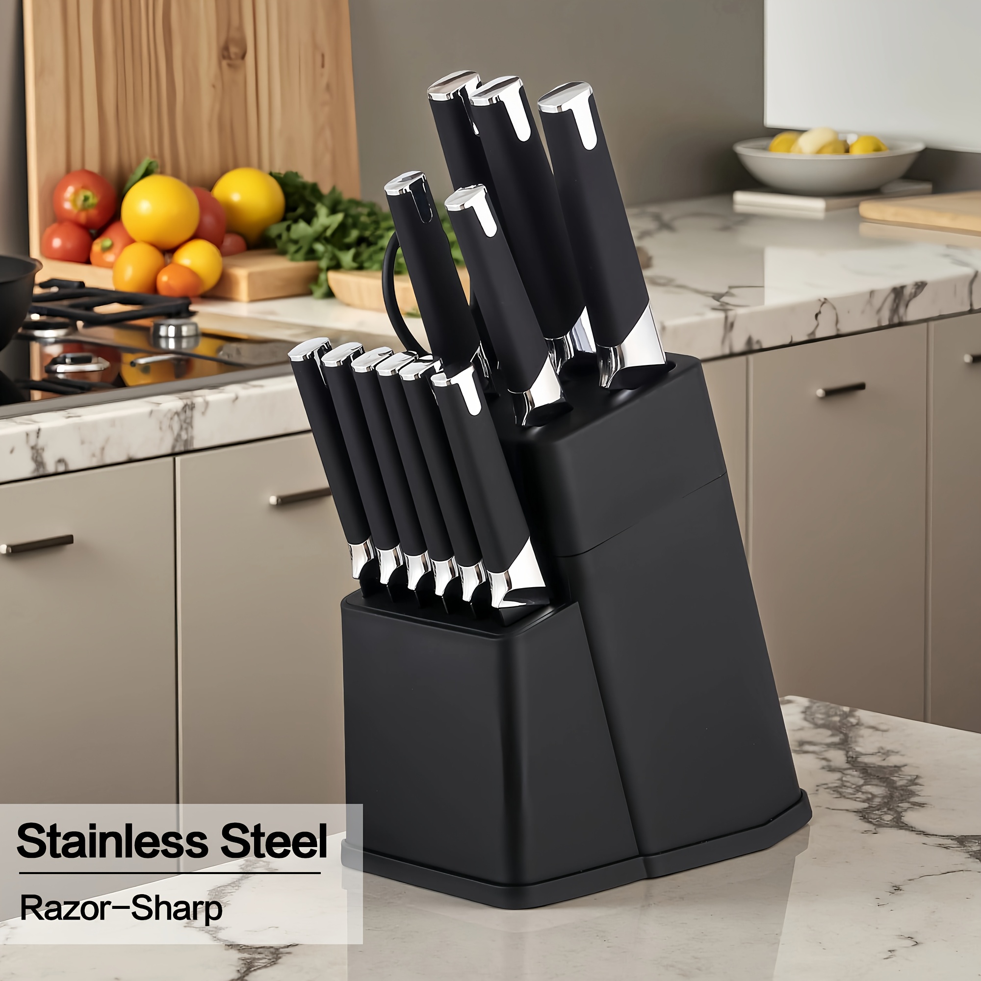 13pcs All-in-One Kitchen Knife Set with Holder - Includes 6 Steak Knives, Chef Knife, Bread Knife & Scissors - Perfect Housewarming Gift for New Home - Sharp & Durable Cooking Tools