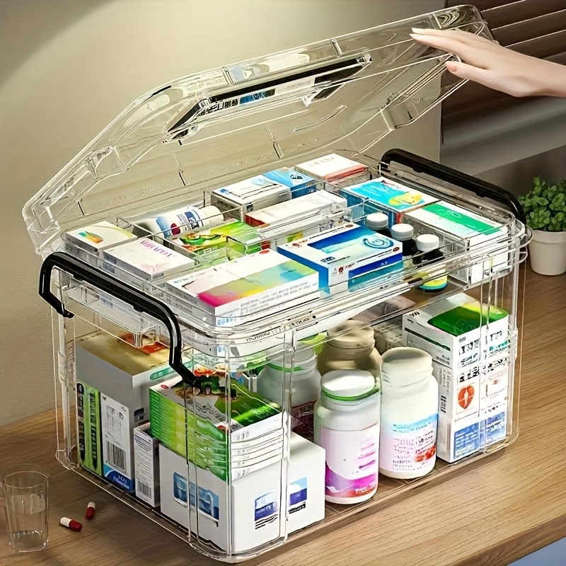 

Large Capacity Double-layer Waterproof Pvc Medicine Organizer - Transparent, Easy For Home & Travel, Open Storage Bins For