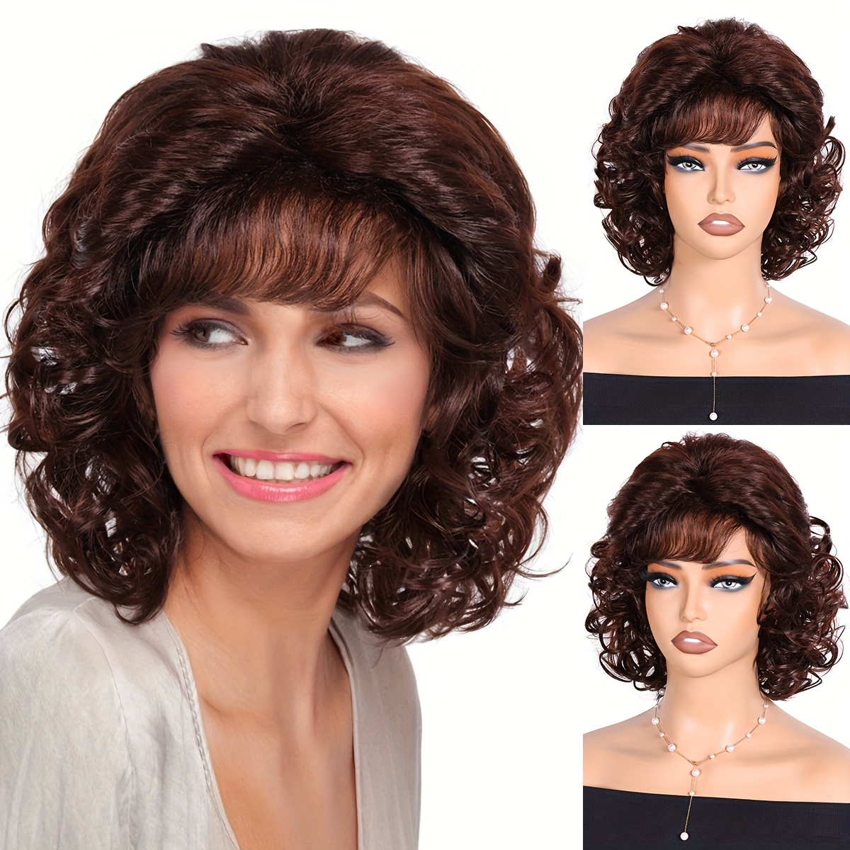 elegant short brown curly wig for women - heat-resistant  display picture 3