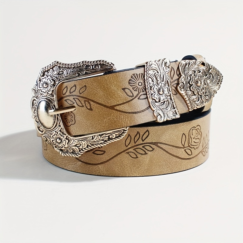 E-shop brauner Vintage-Gürtel mit geprägtem Blumenmuster bronzefarbener Schnalle, modischer ""-Stil zur Jeans-Dekoration