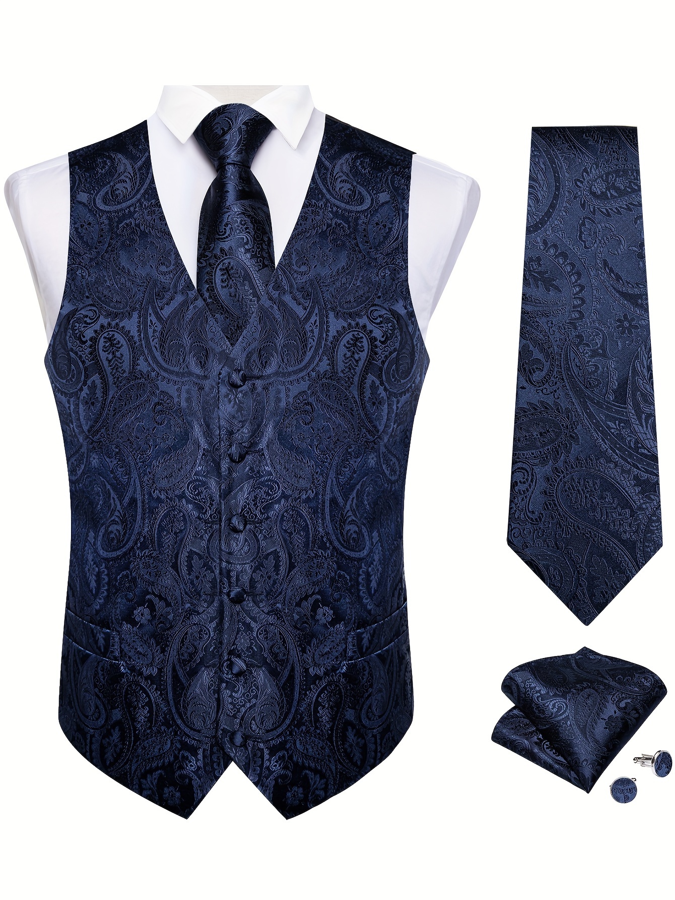 Black Paisley Fashion Vest For Man Wedding Business Luxury Men's Waistcoat Necktie Pocket Square Cufflinks Set