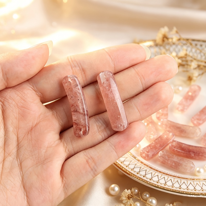 TEMU 천연 딸기 쿼츠 스톤 직사각형 곡선 비즈 모조 펜던트 커넥터 팔찌 목걸이 주얼리 제작용 발렌타인데이, 어버이날, 부활절 선물, 로맨틱 장식, 로맨틱 선물|부드러운 질감|광택 있는 끝