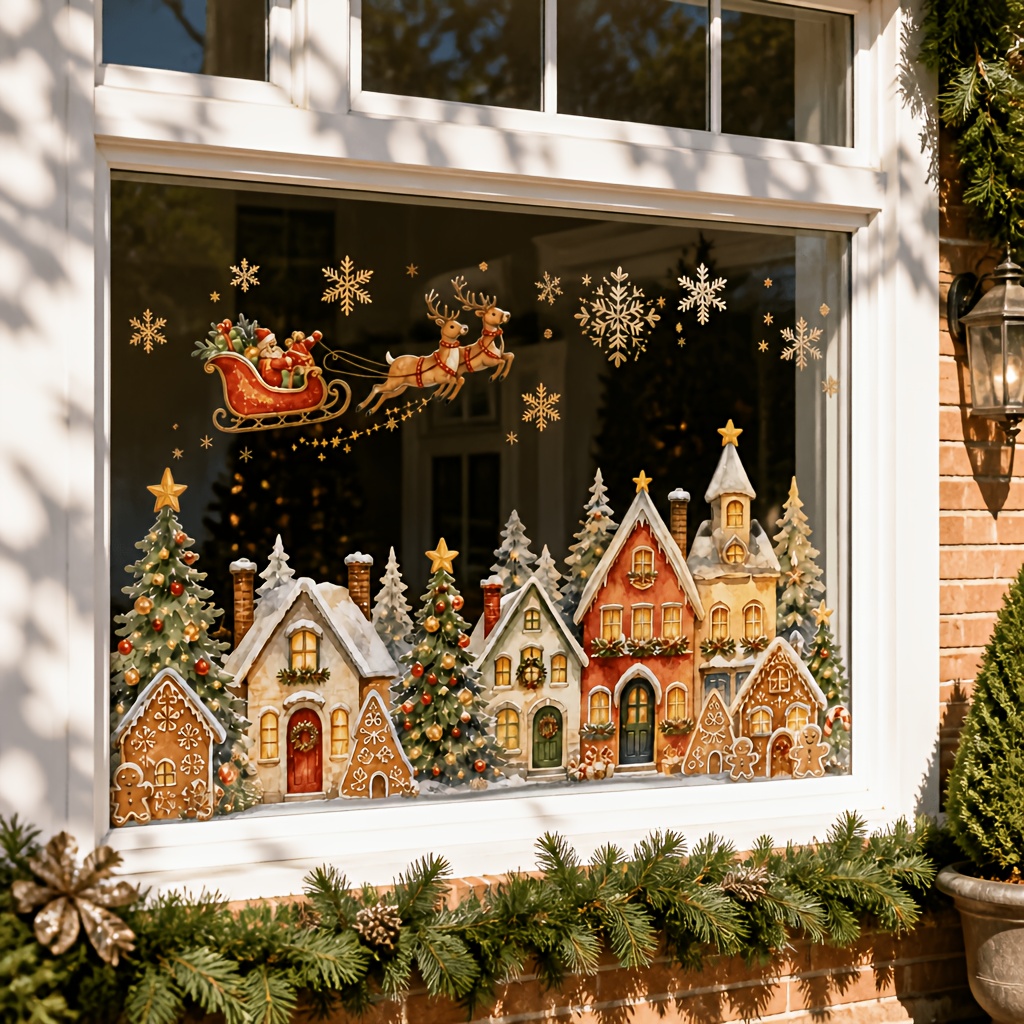 TEMU 1pc Santa Claus Sleigh Gingerbread House Town Decorative Wall Sticker Window Decal, Golden Snowflake Reindeer Christmas Tree, Pvc Material,