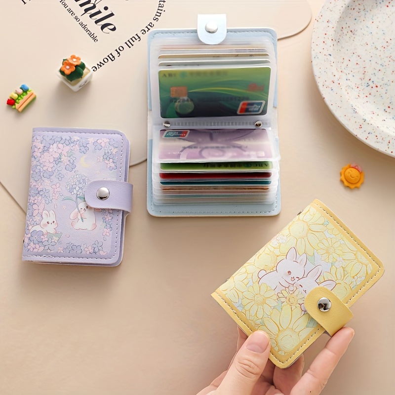 

Cute Cartoon Rabbit Leather Card Holder, Snap Closure Card Case, With Slip Pockets, Positioning Printing, For Drivers License And Id Card Holder