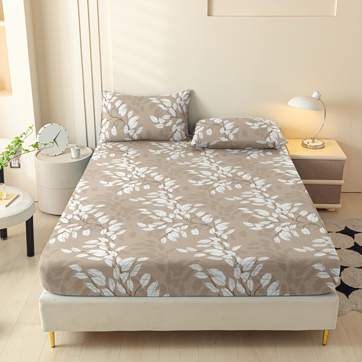 E-shop 3-teiliges Spannbettlaken-Set (1 Spannbettlaken + 2 Kissenbezüge) Premium bedrucktes Spannbettlaken. und Schönheit koexistieren. Moderner Stil.