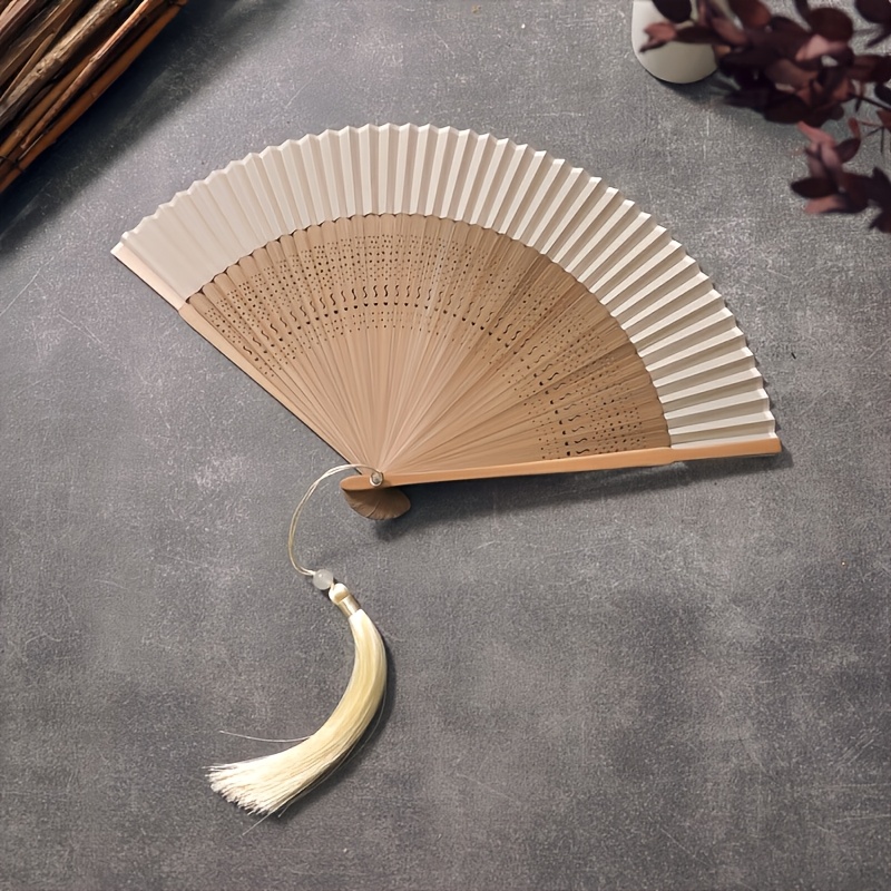 TEMU [customization] Personalized Custom Text Hollow Carved Bamboo Folding Hand Fan - Fan With Tassels, Portable Summer Cooling, Wedding Favors, ,