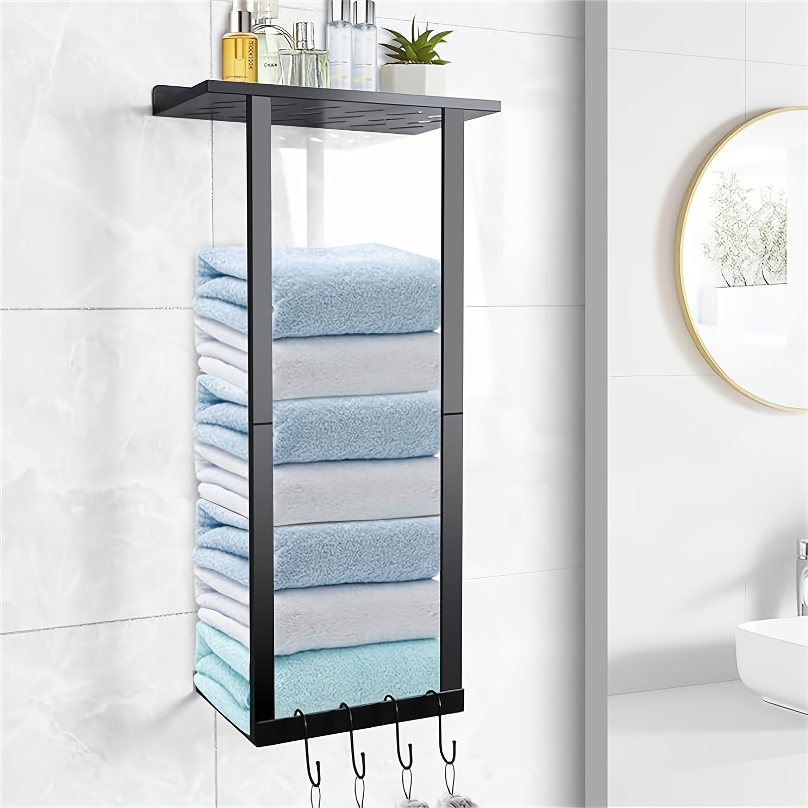 

Towel Rack With Drilling, Bathroom Towel Rack Wall With 4 Towel Hooks, Wall Shelf Bathroom Towel Rack With Shelf, Hanging Bathroom Shelf For Towel Storage, Towel Rack Matt Black