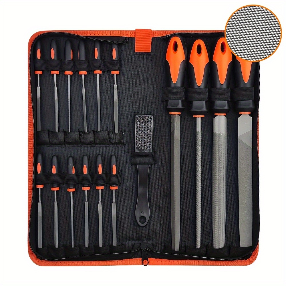 

17pcs File Tool Set With Carry Case, T12 Drop Alloy Steel, Precision Flat/triangle/half-round/round Large File And 12pcs Needle Files/1 Brush